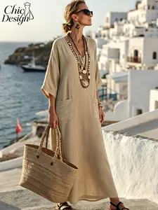 2026 Spring Summer European Style 3D Digital Print V Neck Five-Quarter Sleeve Kaftan Dress, Fashion Casual Vacation Long Skirt