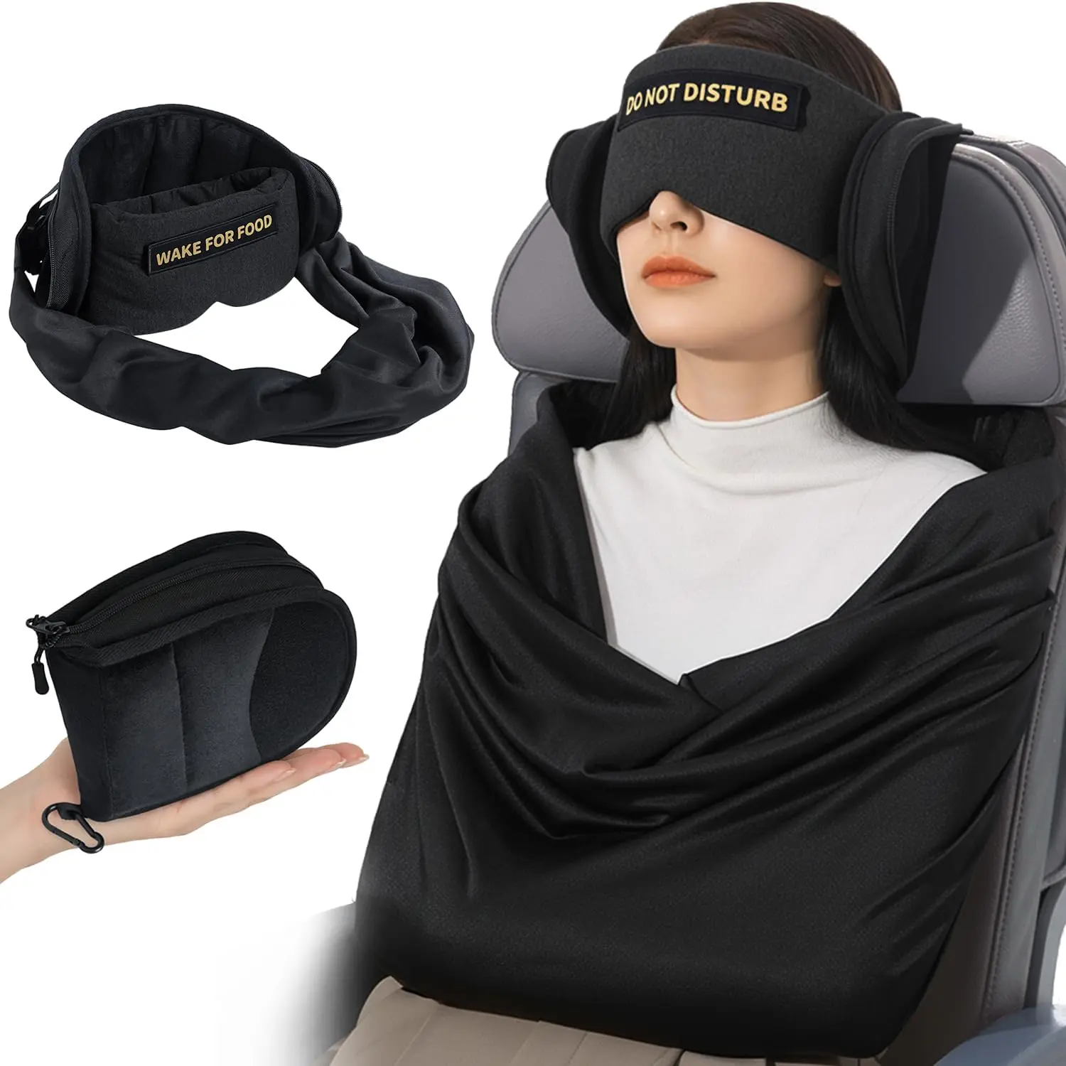 Travel Pillow and Blanket et, Compact Airplane Pillow Bag with Eye Mask for Long Flights leeping, °   upport Head trap Travel Essentials for Plane leep Neck Upright, top Head Bodding (Black)