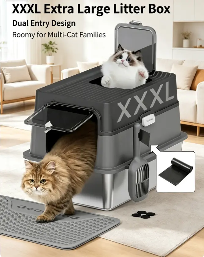 Geoorood XXL Cat Litter Box Stainless Steel 20L with Lid, XL Large Metal Litter Box High Sided Design,Anti-Urine Leakage, Include Cat Mat & Litter Scoop, Never Absorbs Odors, Easy Cleaning, Non-Sticky#DealsforYouDays #SummerWins