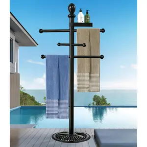 Pool Towel Rack Outdoor, 6 Bars with Top Tray Metal Heavy Duty Never Tilt Pool Accessories with Heavy Metal Base, Hot Tub Accessories Towel Dying Rack Towel Stand for Pool, Hot Tub etc