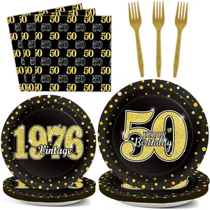 96 Pcs Vintage 50th Birthday Party Decorations Vintage 1976 Birthday Tableware for Men Woman Cheers to 50 Years Dessert Plates Napkins Forks for 24 Guests Back in 1976 Party Favors