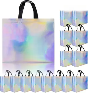 Glossy Iridescent Gift Bags 15 Pcs, 12.6x4.7x11 In Reusable Goodie Bags Bulk with Handles & Sturdy Base, Christmas Gift Bags for Birthday, Wedding, Holiday, Party,Thanksgiving