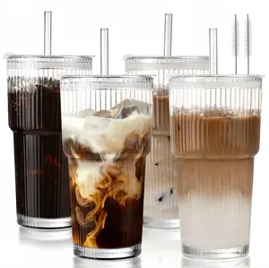 20oz Glass Tumblers with Straws and Lids,4 Pack Ribbed Iced Coffee Cups Leak-proof, Dishwasher Safe, Thickened Glass Cups with Lids Ideal for Coffee and Travel, Clear