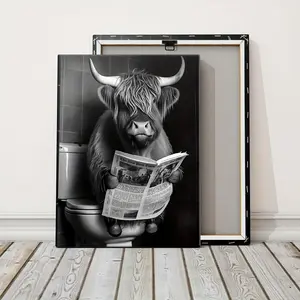 Highland Cow Reading a Book Pattern Canvas Painting with Frame, Funny Cow Pictures Canvas Print, Wall Art for Home Living Room Bedroom Decor, Photo, Wood Wall Art, Art Wall Decoration