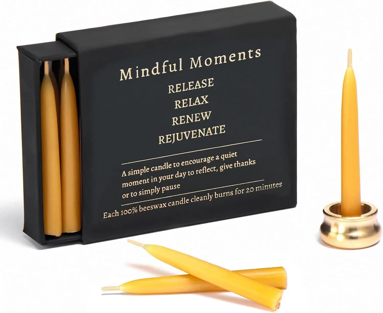 Meditation Candle Set with 12 Mini Taper Beeswax Candles with Brass Holder for Prayer & Reflection, Relaxation Stress Relief Gifts for Women, Serenity Thinking of You Gift
