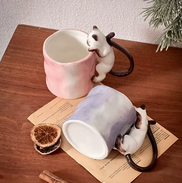11.8oz Stylish 3D Siamese Cat Ceramic Pottery Mug with Tail - Cute Style Aesthetic Coffee Cup, Washable Kitchen Drinkware Must Haves for Daily Use