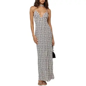 Women Elegant Polka Dot Maxi Dress with Scarf Spaghetti Strap Deep V-Neck BacklessLong Mesh Dress Y2k Formal Evening Party Dress