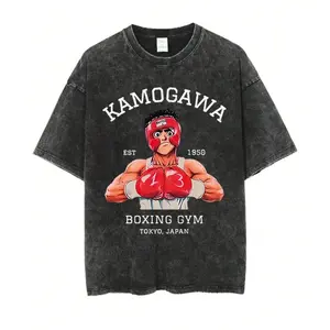Vintage Cotton Washed T-Shirt Anime Hajime No Ippo Kamogawa Boxing Gym Loose T Shirts Men Women Y2K Hip Hop Summer Top Tee