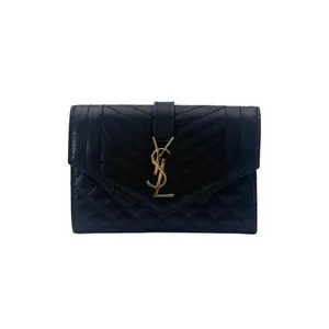 Pre-owned Yves Saint Laurent Calfskin Small Leather Goods Saint Laurent Envelope Black Quilted Leather Wallet SL187