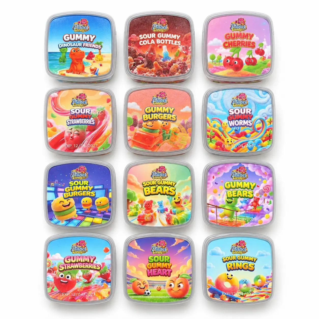 Fun Planet Assorted Sour Bonbon Gummy Candy 12-Pack - 12 Flavors, 75g Each, Halal Certified Fruit Chewy Snack