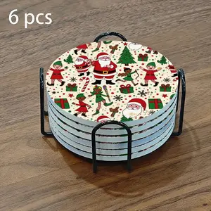 6-piece ceramic coaster set, featuring a festive Christmas theme with round patterns. These heat-resistant, non-slip coasters come with a holder, and can be used as home table decorations or beverage mats.