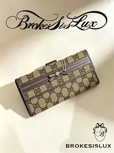 Pre-owned GUCCI GG Canvas Long Wallet | Brown Leather Trim & Bow Detail, Everyday & Travel Card Holder