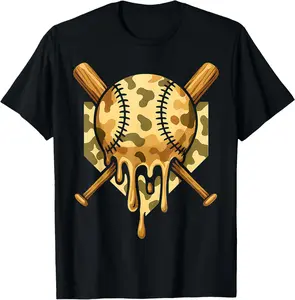 Baseball Drip for Boys Ice Cream Dripping Boys Baseball Camo T-Shirt - Crewneck Cotton Fabric Men Woman Young Boys Girl T-shirt