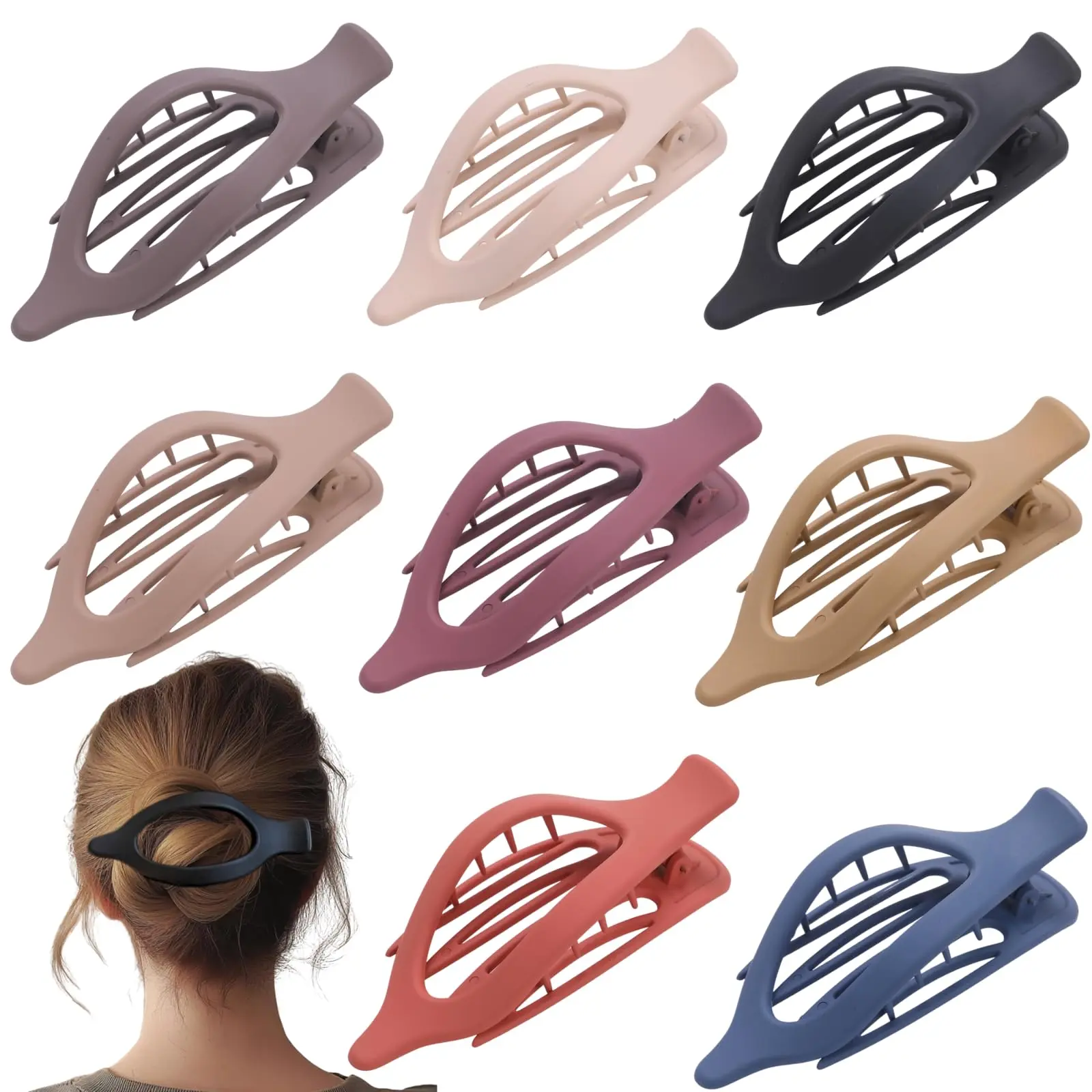 Women's 8-Pack Large Size Matte No-Crease Plastic Claw Clips, Strong Hold Duckbill Shape Hair Barrettes for Thick & Thin Hair, Everyday Wear Styling Accessories