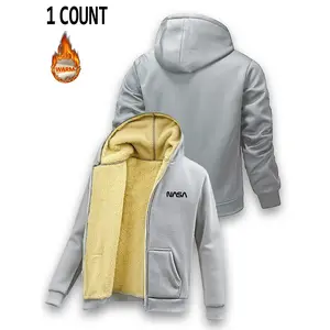 Men's Winter Thickened Solid Color Hooded Zipper Cardigan Jacket with Fleece Lining, Suitable for Winter, with Printed Design, Casual Everyday Wear