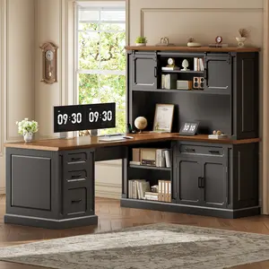 Sedeta 67-Inch Vintage Farmhouse L-Shaped Corner Executive Desk - Distressed Furniture with Hutch, 4 Drawers, Sliding-Door File Cabinet, Power Outlet, Easy Setup for Home Office
