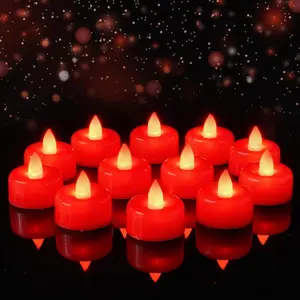 12-Pack Red Flameless LED Tea Lights, Battery-Operated Electric Fake Tealights for Votive Displays, Wedding Table Centerpieces