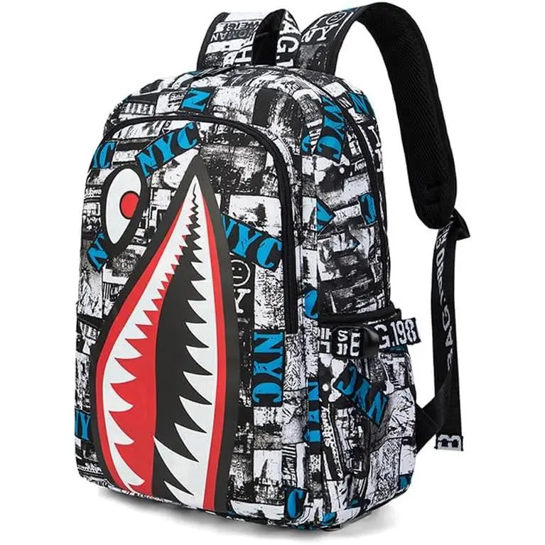 3D Shark Graphic Print Backpack, Comic Style Colorful Design, School Bag for Youths and Teens (A)
