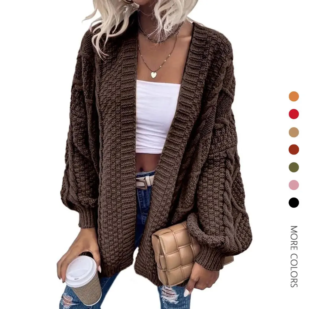 Danedvi Women's Oversized Cable Knit Cardigan, Chunky Open-Front Soft Knitwear with Long Lantern Sleeves, Casual Outwear