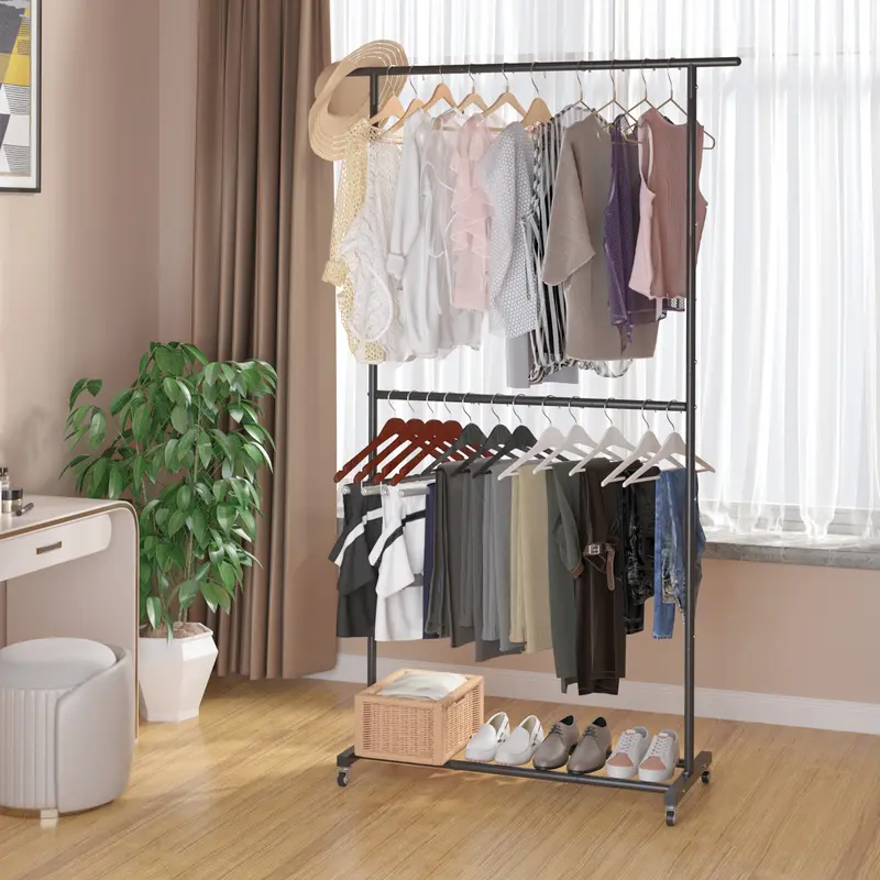 UDEAR Double Rod Clothing Garment Rack, Rolling Clothes Organizer on Wheels for Hanging Clothes and Storage Shoe