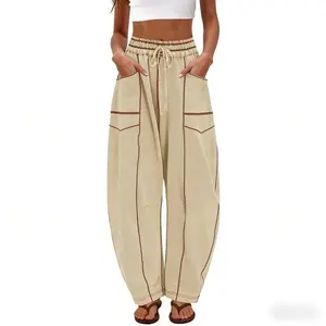 Women’s High-Waisted Wide-Leg Cargo Trousers – Beige with Contrast Stitching, Loose Fit, Elasticated Drawstring Waist with Pockets, Boho-Style Casual Trousers for All-Day Wear