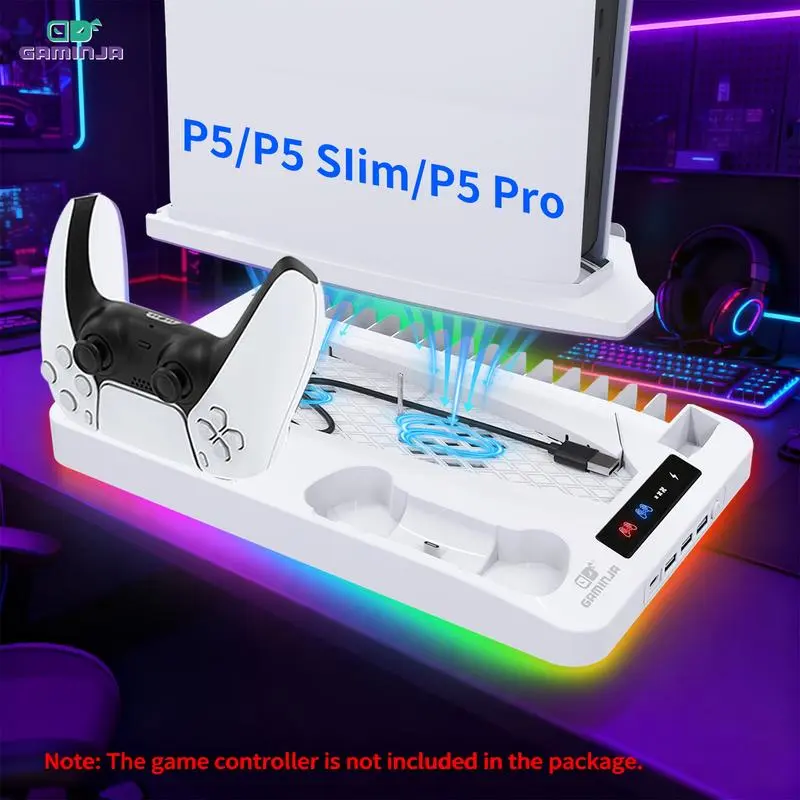 P58 Multi-Functional Charging Base Cooling Bracket - PS5 Accessories, Vertical Stand with Fan, Universal for Slim/Pro All Models Including P5 Slim, Electronic Gadgets to Enhance Gaming Pad