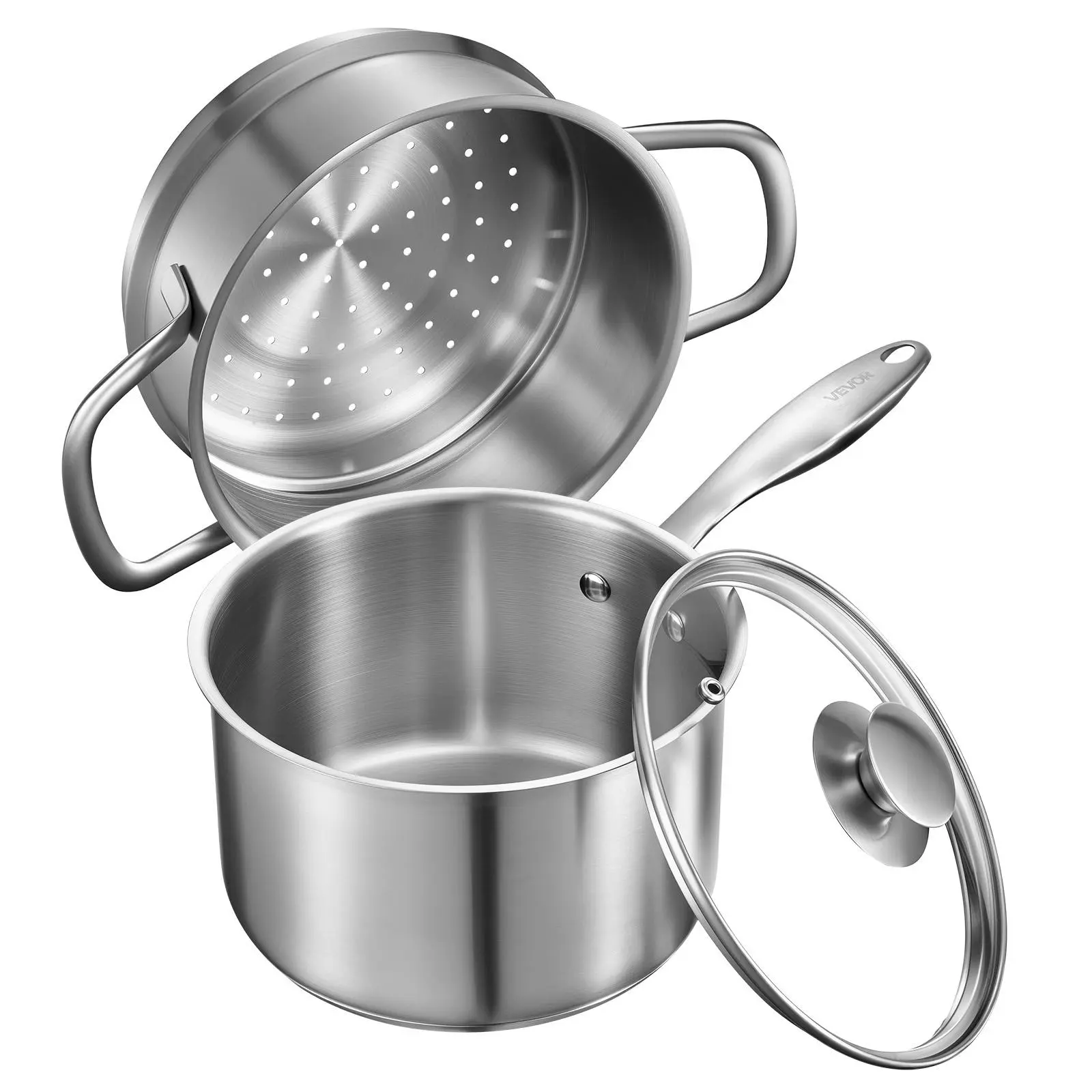 【Fallpicks】VEVOR 2.5 QT 3-Layer Stainless Steel 2-in-1 Saucepan with Steamer Insert, Glass Lid, Ergonomic Handle, Oven Safe, Dishwasher Safe, Induction Compatible Cooking Equipment, Wipes Clean Fast