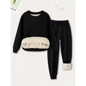 Women's Plain Plush Lined Sweatshirt & Drawstring Waist Sweatpants Two-piece Set, Casual Round Neck Long Sleeve Pullover & Pocket Jogger Pants, Women's Two-piece Outfits for WinterGift