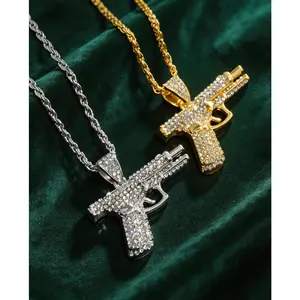 Bling Iced Out Pistol Pendant Necklace for Men Hip Hop Street Style Moissanite Trendy Aesthetic Affordable Statement Jewelry Gift