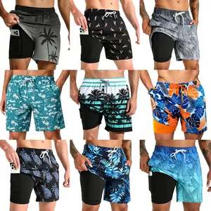 Mens 9 Inch Coconut Palm Printed Swim Trunks Compression Liner Quick Dry Beachwear Athletic Swim Shorts Drawstring Pockets TikTok Viral Trend Gym Fitness Running Sport Style Lightweight Breathable Summer Activewear