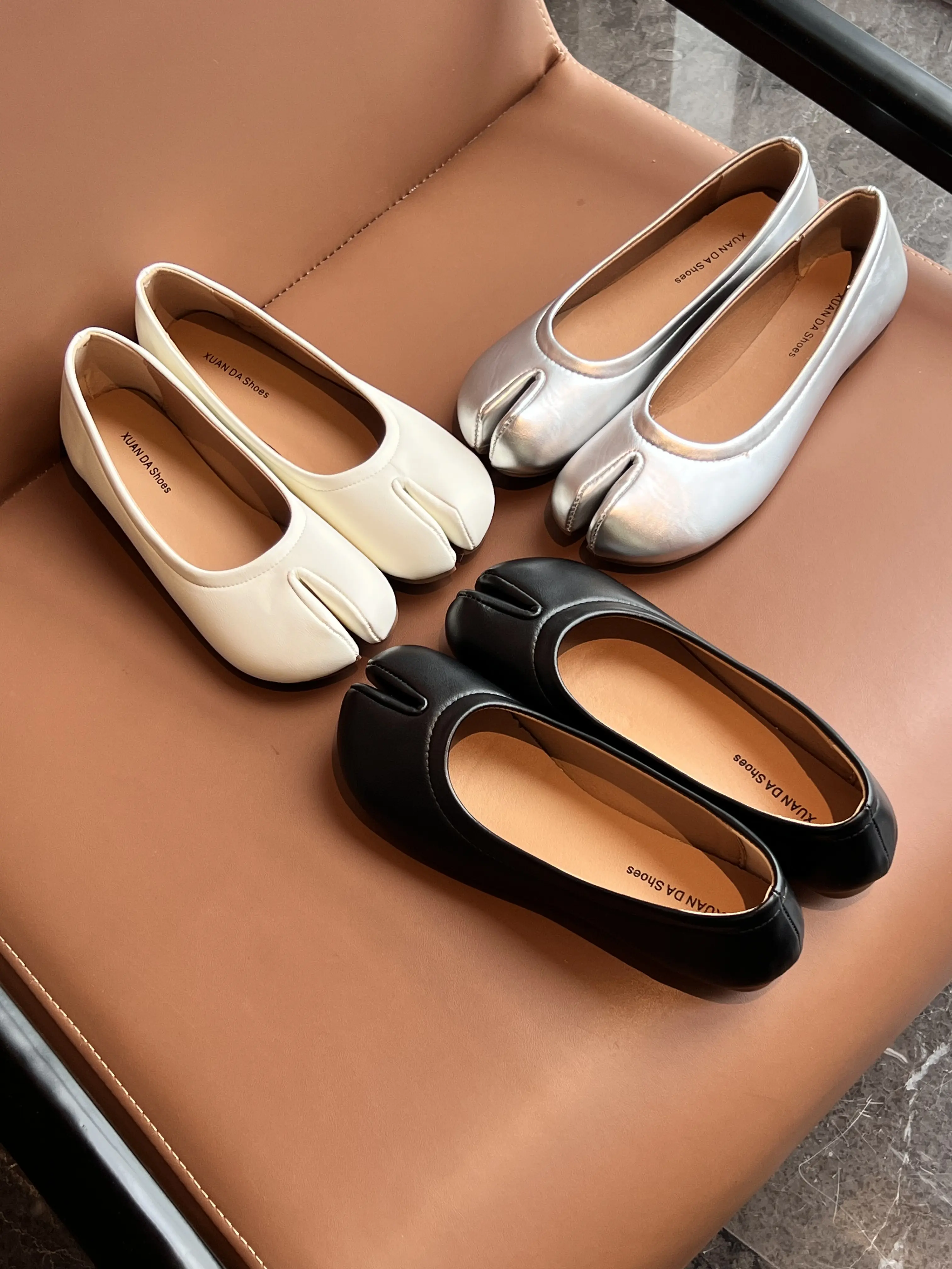 Women's Minimalist Leather Flats - Female Shoes with Soft Leather Upper, Plain Finish, Slip-on Design, Flat Heel for Daily Wear, Office, All Seasons