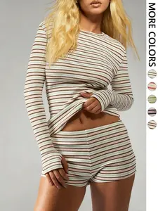 Women's Striped Knit Casual Long Sleeve Top & High Waist Elastic Sporty Shorts Athleisure Wear Set, Spring Fashion, Comfortable Fit