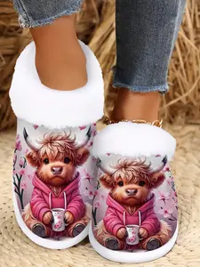 Cow Lover Gift, Winter Warm Fuzzy Indoor/outdoor Fluffy Home Slippers, Non-Slip Rubber Sole, Animal Print Design, Soft Plush Fabric, Unisex Comfort Shoe