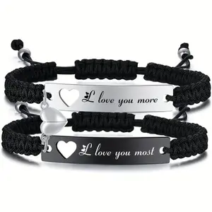 Stainless Steel Engraved Tag Braided Heart Magnetic Couple Bracelets - Fashion Handwoven Black Rope