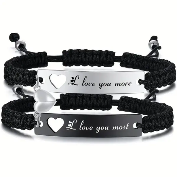 2Pcs Matching Couple Bracelets Set, "I Love You More / I Love You Most" Engraved Heart Charm Braided Rope Bracelets, Adjustable Valentine's Day Gift for Him Her