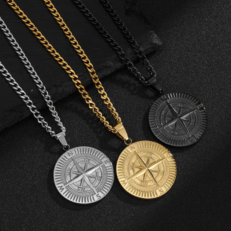 Unisex Compass Pendant Necklace Punk Style Fade Resistant Coin Compass Design Stylish Unique and Vintage Hip Hop Accessory Perfect for Everyday Wear