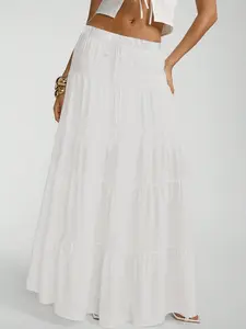 Valentine's Day  Women's 1pc Solid color Tiered Maxi Skirt , Lightweight Breathable Fabric & Elastic Smocked Waist & Adjustable Drawstring & Flowy Multi-Ruffle Layers Design，Boho-Chic Summer Breeze Style，flared skirt