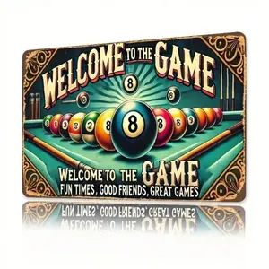 Pool Table Welcome Sign - Vintage Heavy Duty Iron Wall Art Decor with Green Felt, Rectangle Design, Windproof Waterproof for Indoor & Outdoor, Billiard & Man Cave Decor, Large Metal Sign Housewarming Gift