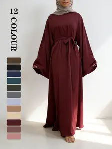 Spring Summer Loose Fashion Muslim Plain Long Sleeve Wide Hem Dress with Waist Belt, High Quality, 12 Colors, 5 Sizes Available, Classy Modest Dresses#modest abaya #OOTD