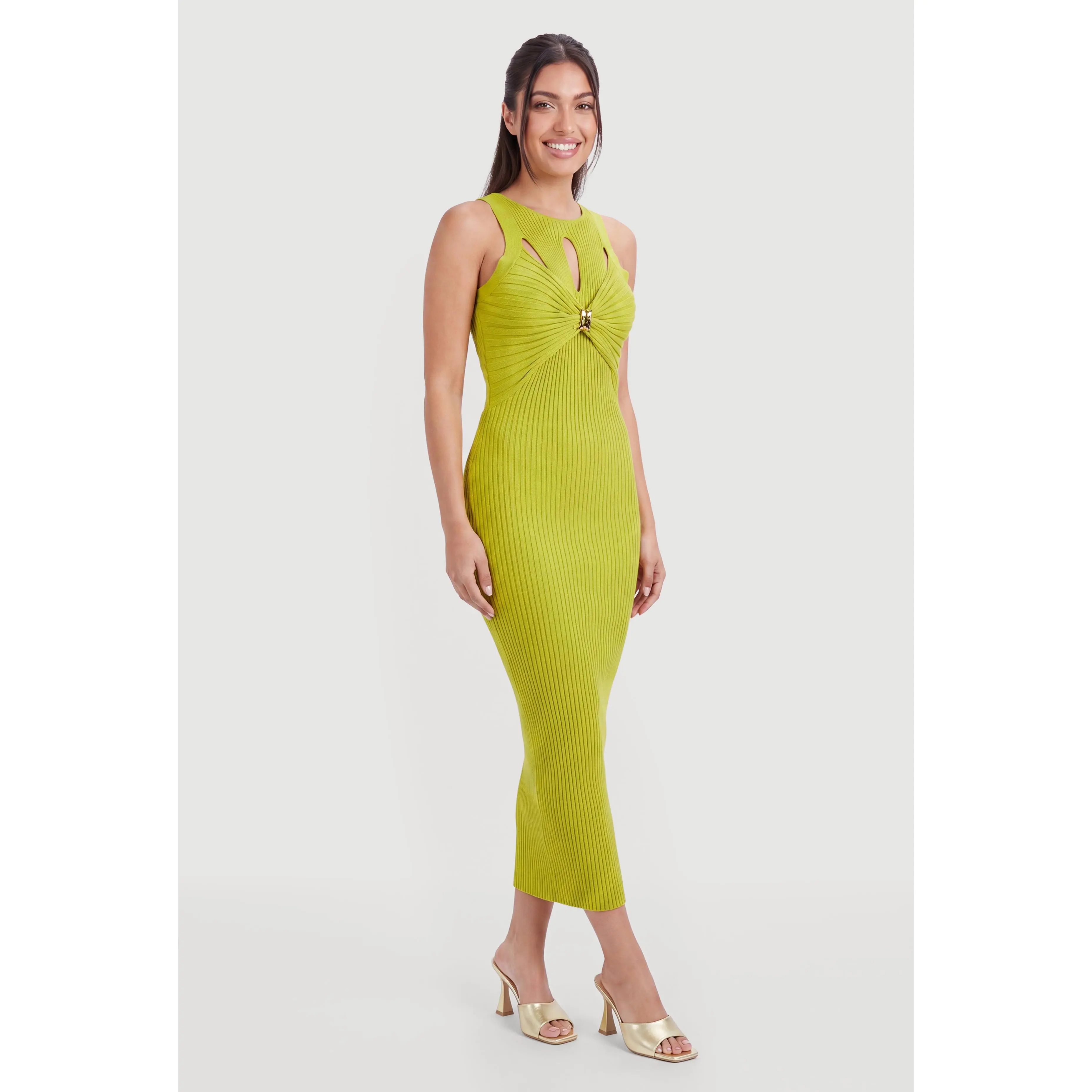 Ribbed Knit Twist Front Metallic Detail Cutout Maxi Dress