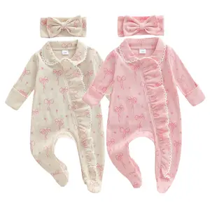 Newborn Baby Girl Footies Romper Cute Bow Print Lace Trim Ruffles Long Sleeve Pajamas Footed Jumpsuit Infant Sleepwear Coming Home Outfit