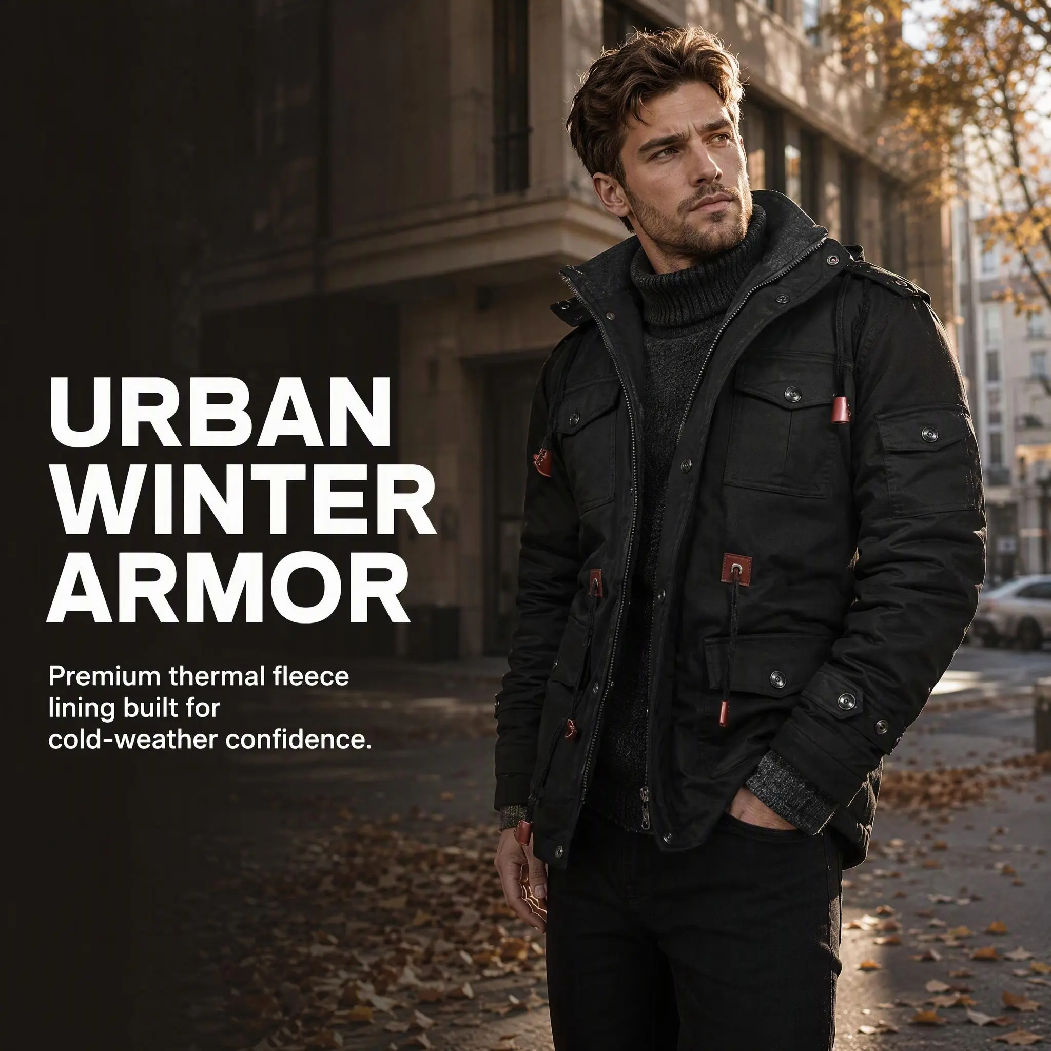 Zaitun Men's 100% Cotton Shell Utility Jacket with Fleece Lining, Motorcycle-Inspired Hooded Work Jacket, Multi-Pocket Design, Adjustable Waist and Wind-Resistant Cuffs