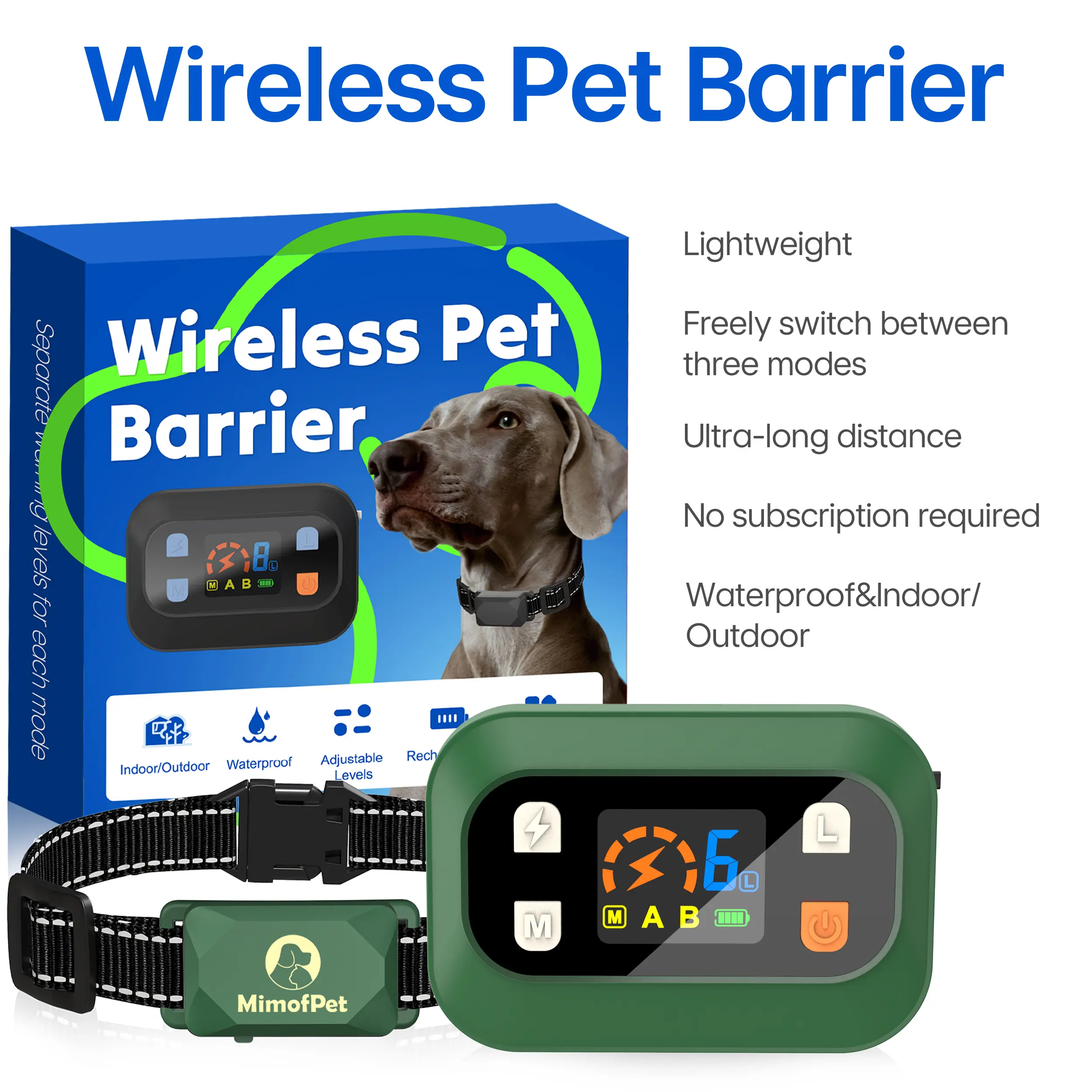 MIMOFPET Rechargeable Wireless Pet Barrier - Waterproof Virtual Fence for Dogs, 12-Day Transmitter, Color Display, All-Season, 6-23.6 In Neck Sizes, Indoor/Outdoor Use (Cat-Compatible), Wireless Barrier, Rechargeable Battery, 12 Days Transmitter