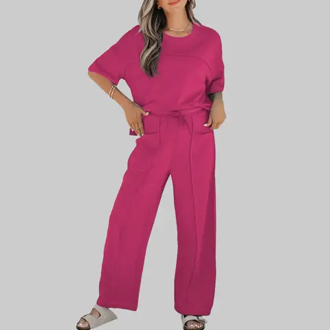 Soild Color Drop Shoulder Boxy Cropped Top & Barrel Pants Set, 20% Cotton Soft Fabric， Women Matching Sets, Casual Sport Summer Lounge Outfit For Vacation Travel, Trendy Plus Size 2 Piece Basic Clothing Sets, Cute Pretty Girl，Cropped Top and Pants Set