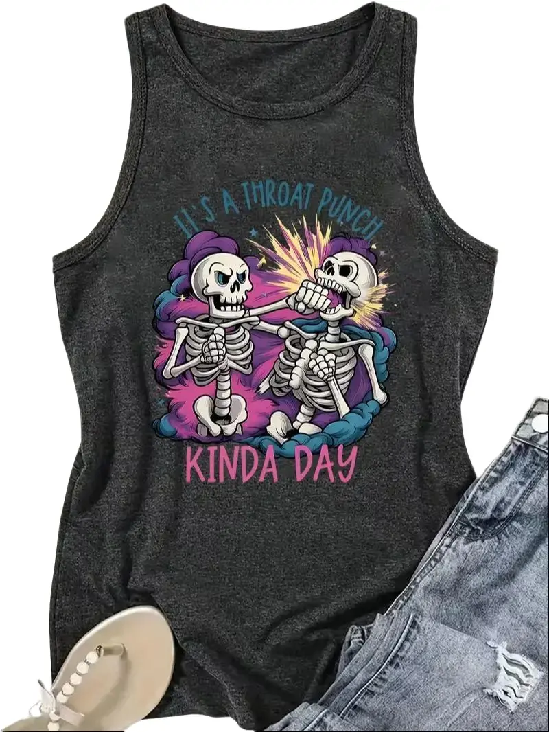 Women's Throat Punch Kinda Day Tank Top, Funny Sarcastic Skeleton Graphic, Casual Colorful Fitted Polyester Blend Top for Summer Outdoor Wear, Beach, Jeans, Ladies