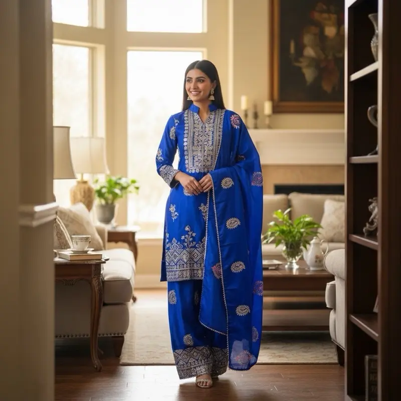Women's Fully Stitched Indian Silk Plazo Kamiz Set (L Size) - Chinon Silkwork, Sequins Embroidery, Crepe, Lace Top, Women's Clothes, Lady