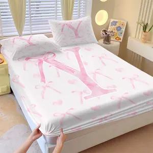 Fashionable Sweet Girl Pink Bow and Letter Print 3-Piece Fitted Sheet Set, Including 2 Coreless Pillowcases, Strong Wrapping, Comfortable and Soft, Fashionable and Warm Bedding Set Gift, Suitable for Children, Girls and Teenagers Bedroom Decoration