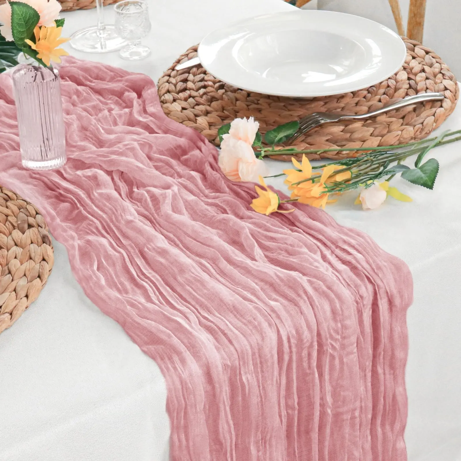 10pc Pink Cheese Cloth Table Runner, Boho Sheer Chiffon Table Runner, Transparent Tablecloth For Wedding Bride Birthday Party Table Decor, Events