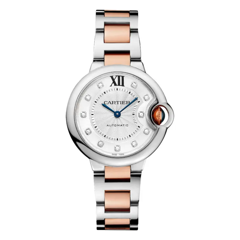 Cartier Ballon Bleu 33mm WE902044 Automatic Two-Tone 18K Rose Gold and Stainless Steel Silver Dial with Factory Diamond Hour Markers Ladies Watch WHP041935