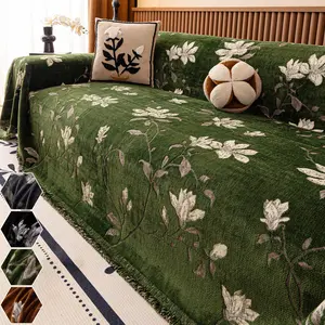 Vintage Jade Flower Chenille Sofa Cover, Non-Slip Full Coverage Pad, All-Seasons Decorative Throw Blanket, 1pc